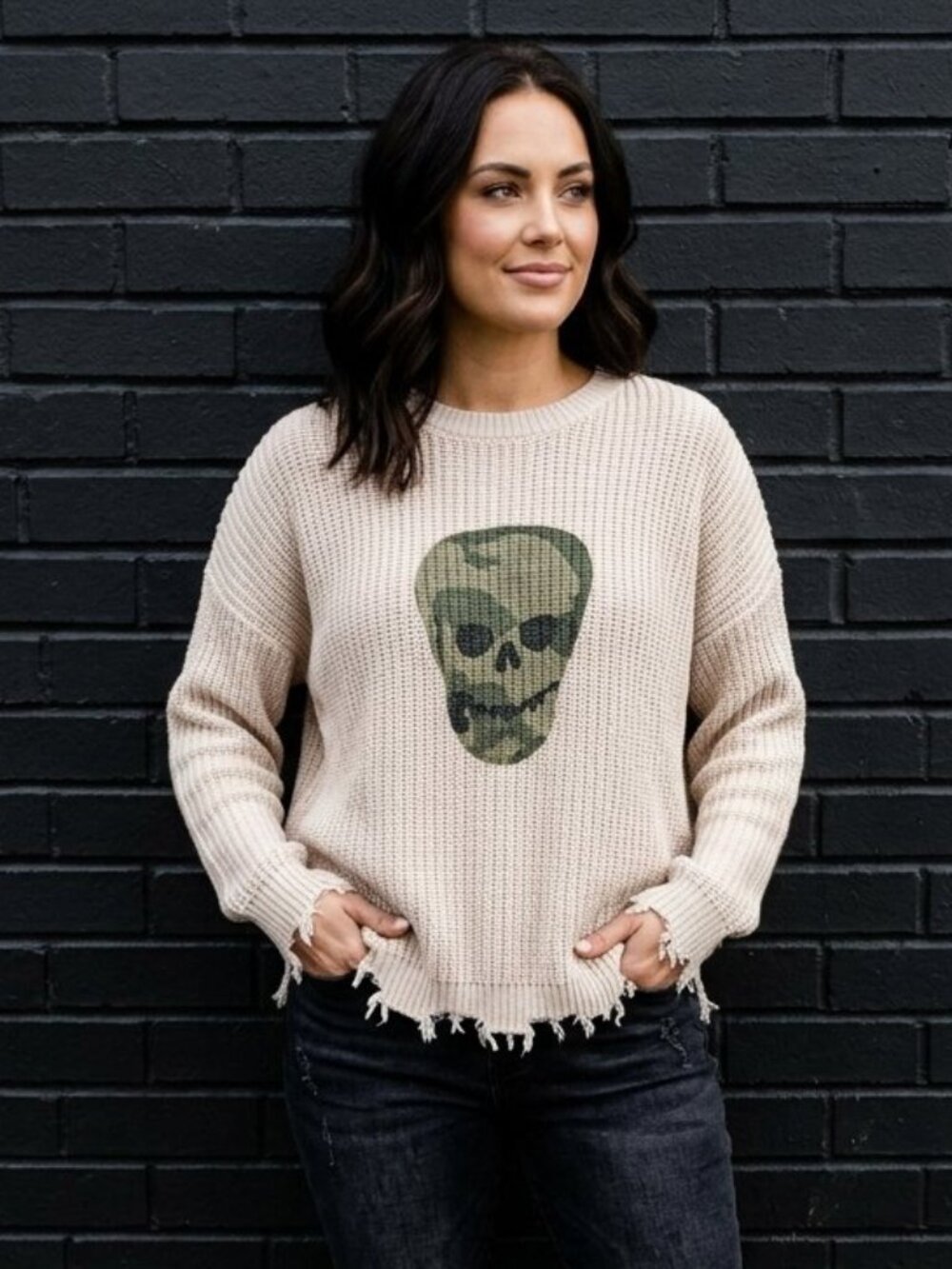 Moon & Madison Camo Skull Oversized Sweater